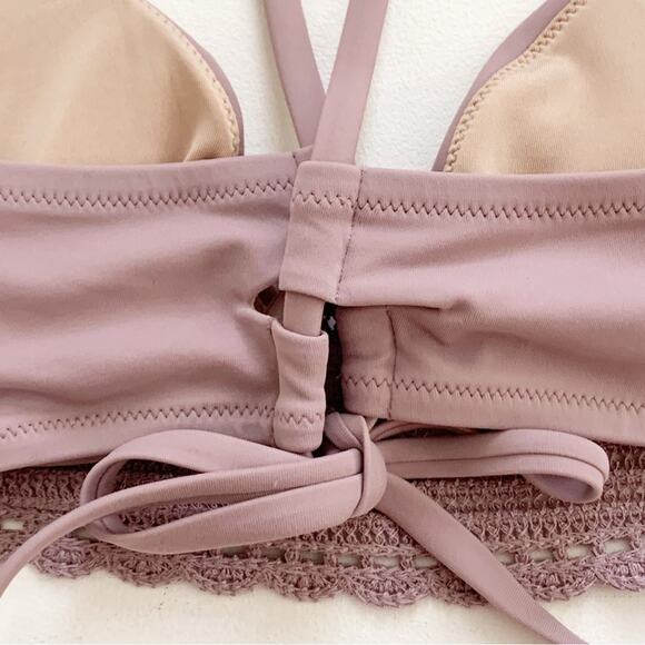 Shade & Shore Bikini Top Lavender Crochet Detail Tie Back Swimsuit Top Size 34B - Picture 7 of 12